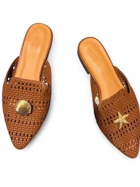 Target Brown Woven Slip-On Mules with Shell & Starfish Accents